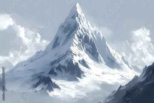 Majestic snow-capped mountain peak, dramatic cloudscape, breathtaking scenery, artistic depiction, background for adventure or travel concept