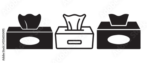 Tissue Box Designs in Simple Silhouette, Tissue box icon set. Vector symbol for baby wipes pack. Disposable facial napkin and wet towel sign