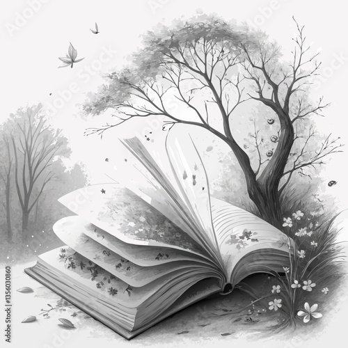 Fantasy open book illustration with blooming flowers and tree in a magical landscape