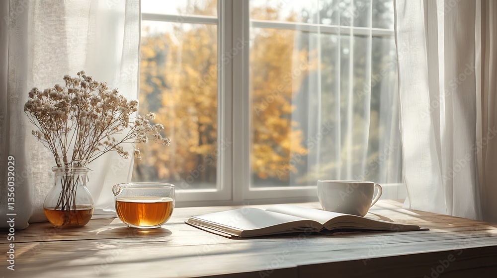 A bright, minimalistic workspace with a sleek wooden desk, a single open notebook, and a cup of tea. Natural light streams through large windows, illuminating the modern, A bright, minimalistic workspace with a sleek wooden desk, a single open notebook, and a cup of tea. Natural light streams through large windows, illuminating the modern,