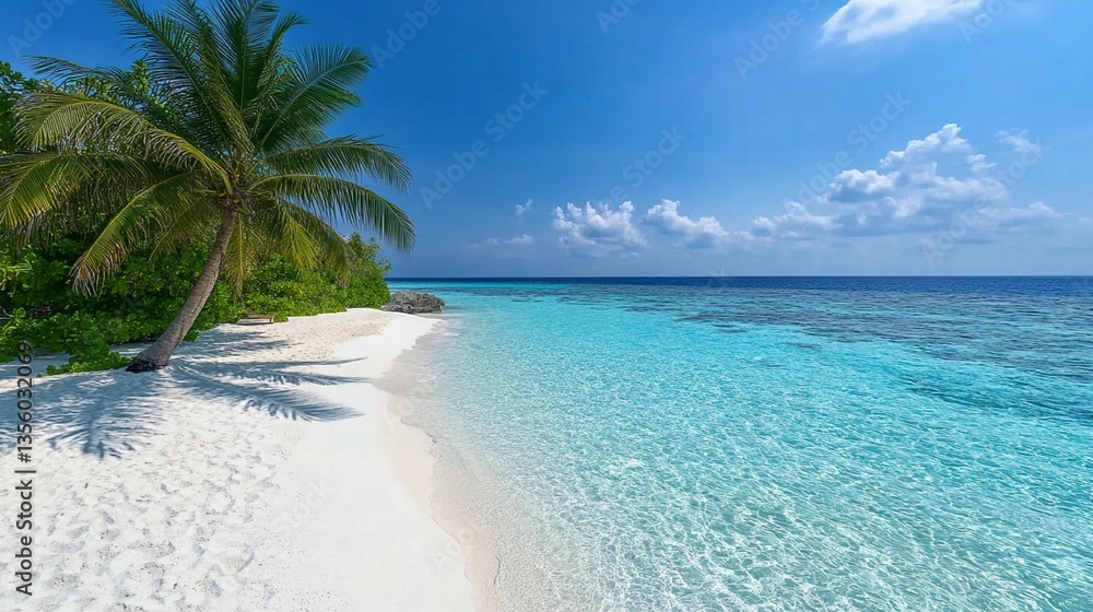 Naklejka premium Idyllic tropical beach scene with palm tree, white sand, and turquoise ocean water under a bright sunny sky.