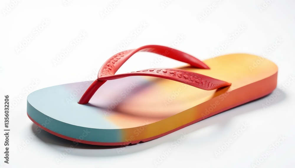 Close-up view of one flip-flop against a stark white background , flip flop, product shot, relaxation Close-up view of one flip-flop against a stark white background , flip flop, product shot, relaxation