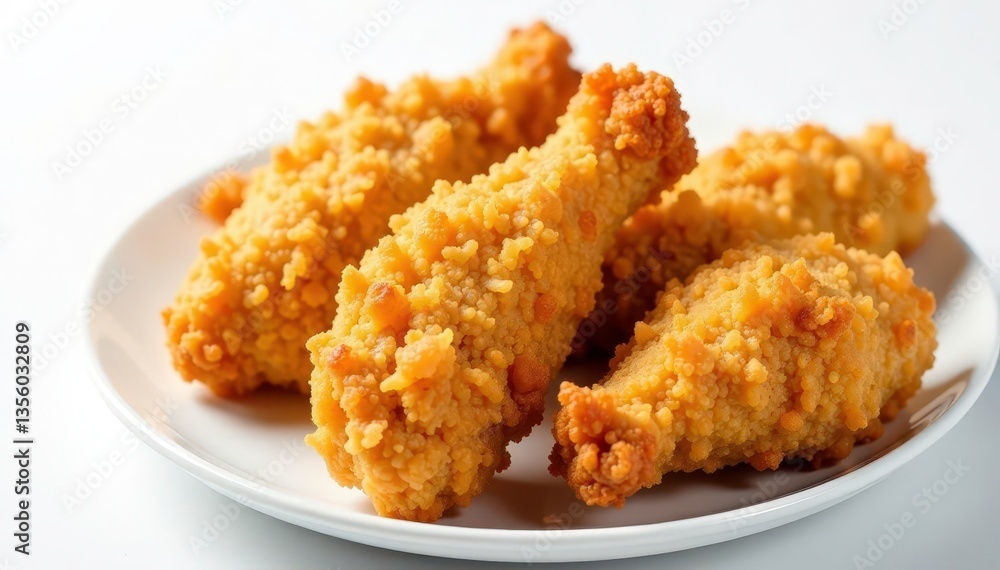 Crispy fried chicken strips on white background, advertising, meat Crispy fried chicken strips on white background, advertising, meat