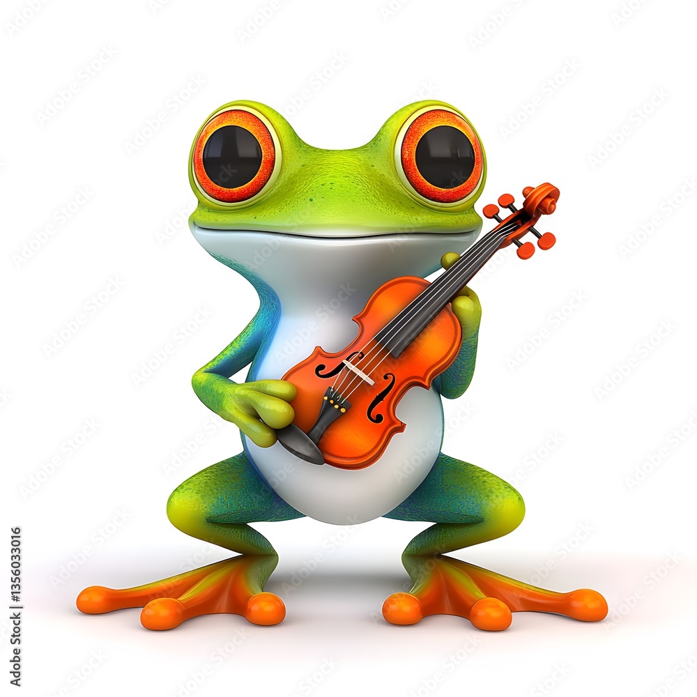 Obraz premium Playful Green Frog with Orange Violin on White Background