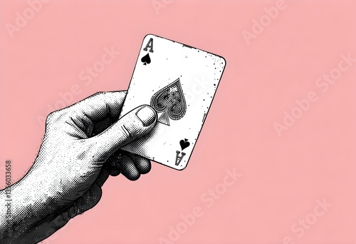 Hand Holding Ace of Spades Playing Card Against Plain Background