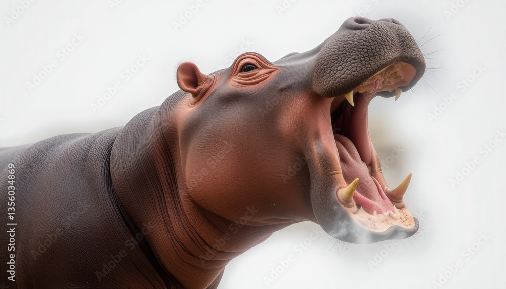 Naklejka premium Hippopotamus roaring against a soft blurred background 