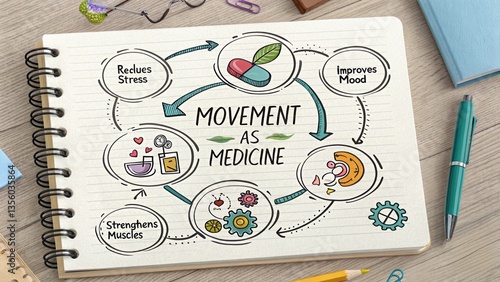 Creative illustration showing movement as medicine with benefits like stress reduction, mood improvement, and muscle strengthening on a notebook page