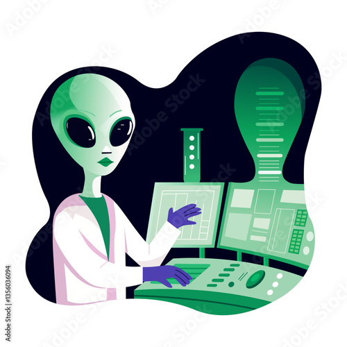 Flat style illustration of an alien scientist character 