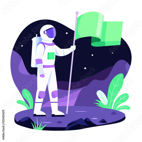 Astronaut planting flag on space flat style illustration 