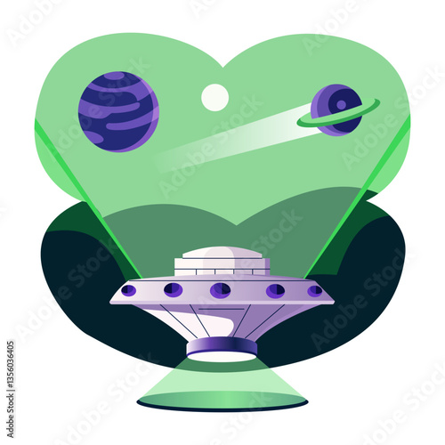 A flat style illustration of an alien spaceship 