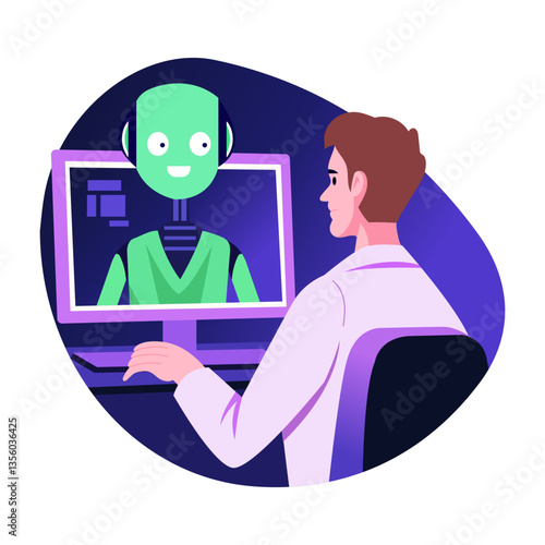 Flat illustration of a character doing robot chat 