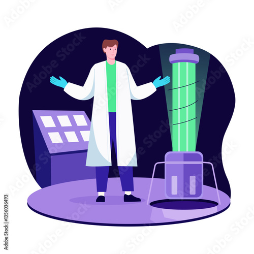 A flat style illustration of a scientist working in a lab 