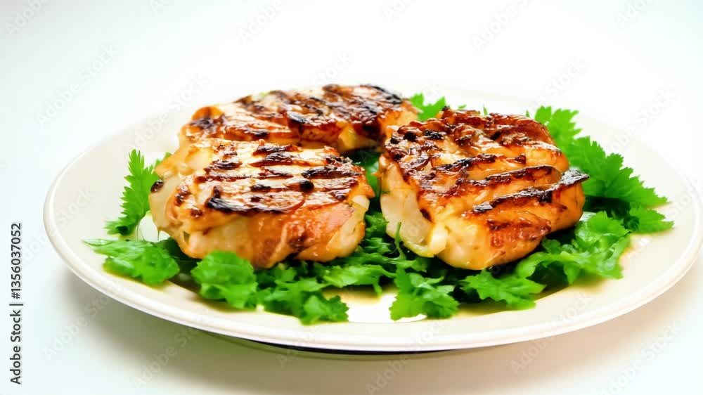 Dolly out, rotating slightly, high key lighting, studio setup video of grilled chicken breasts on white plate, grill marks perfect, parsley garnish