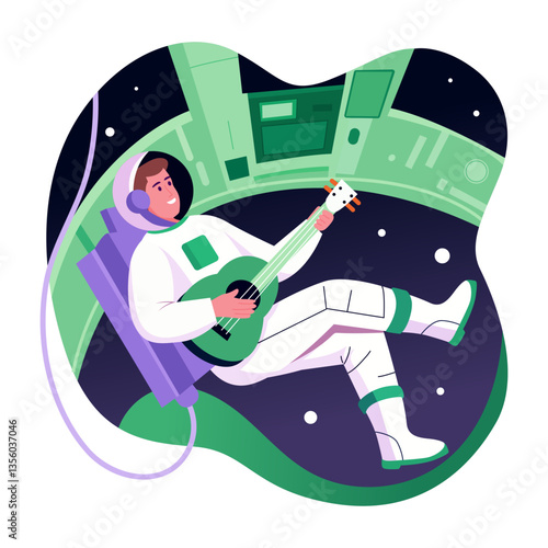 An astronaut playing guitar in space, flat style illustration 