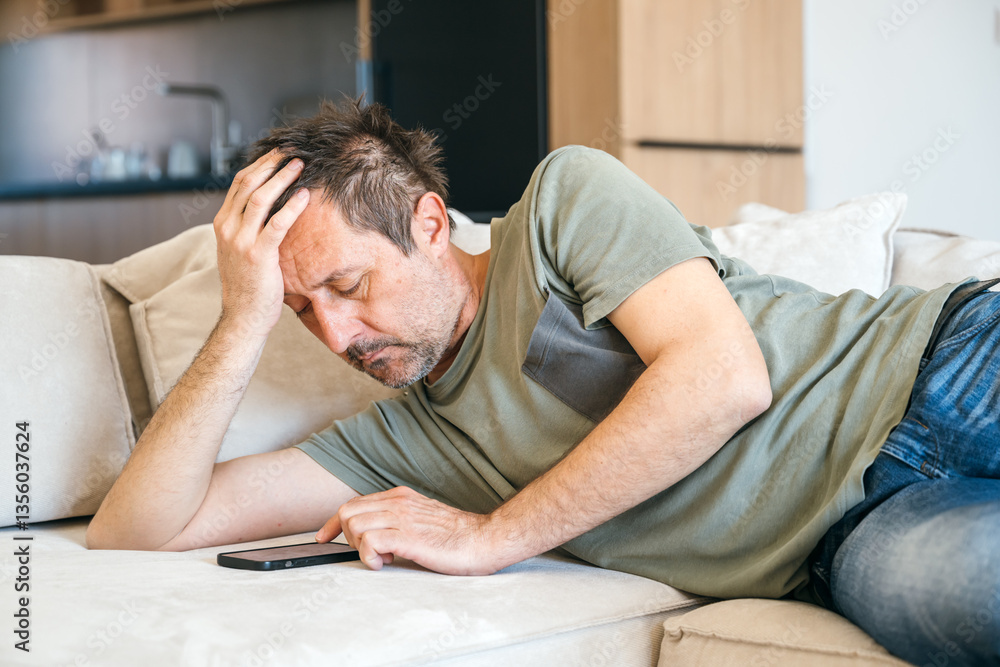 Fototapeta premium Bored couch potato guy using mobile phone while laying on living room sofa