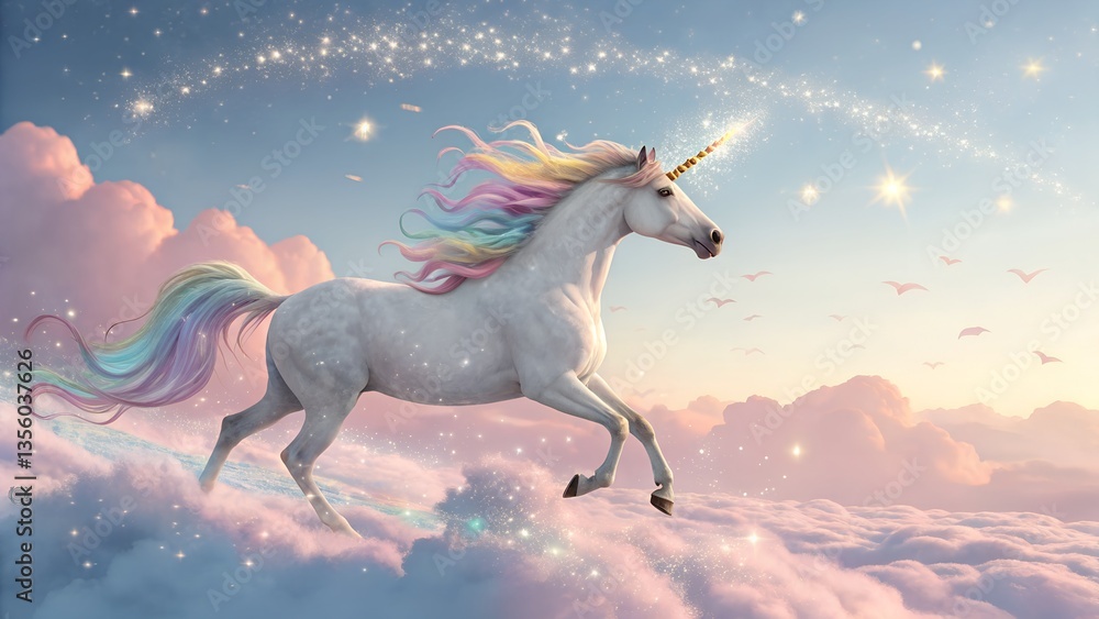 Fototapeta premium A captivating illustration depicts a majestic white unicorn galloping gracefully above a landscape of soft,