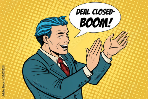Portrait of a happy businessman, Financial success celebrating deal closed boom, pop art retro