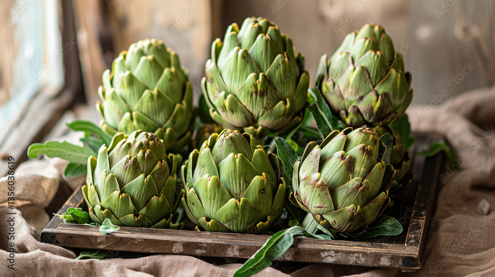 Fototapeta premium Group of artichokes arranged in triangular layout, top-down view perfect for farm produce, Mediterranean recipes