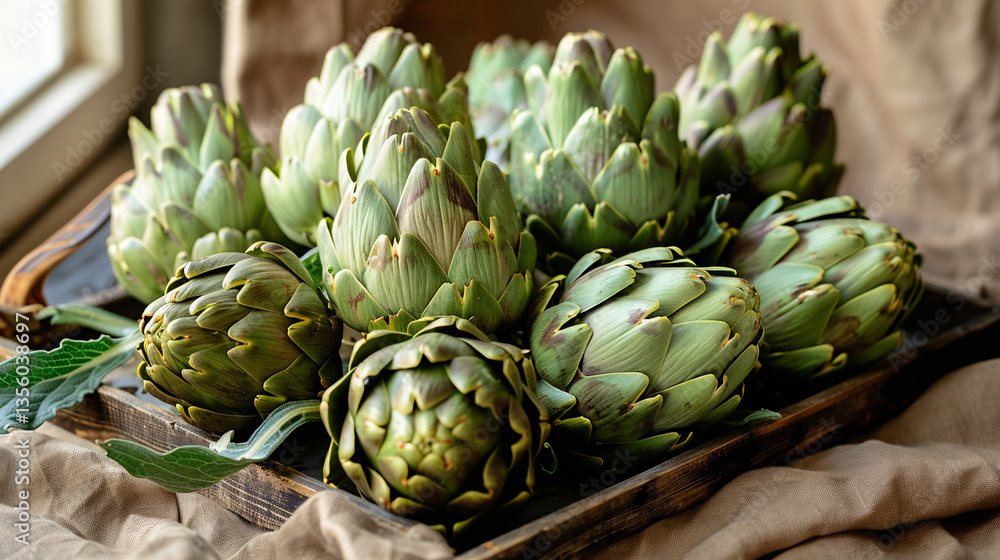 Obraz premium Group of artichokes arranged in triangular layout, top-down view perfect for farm produce, Mediterranean recipes