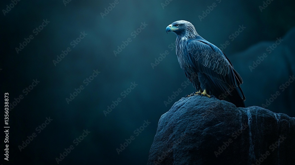 Fototapeta premium Majestic golden eagle perched on a dark rock, overlooking a mysterious, shadowy landscape at dusk.