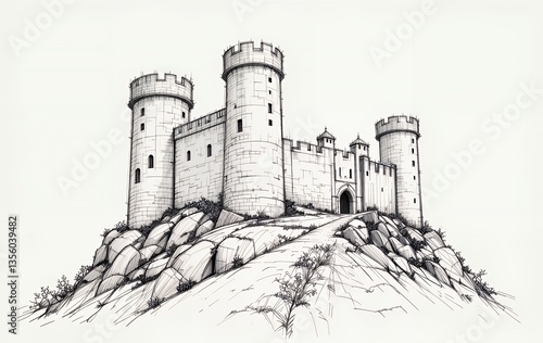 Sketch Drawing of Medieval Castle on Hilltop with Stone Path