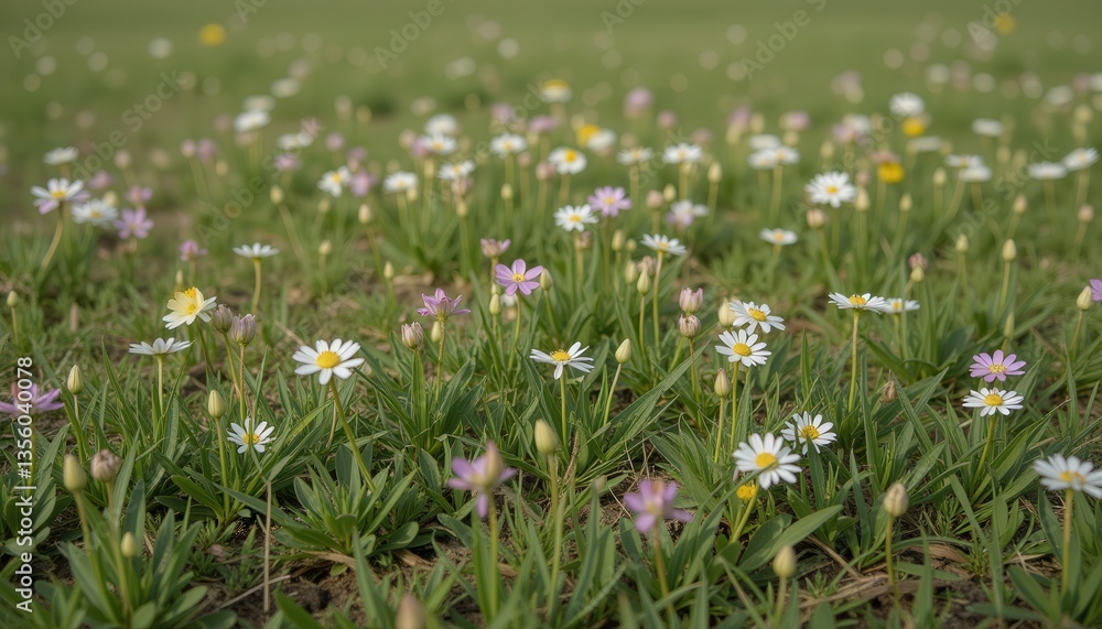 Obraz premium Wildflowers blooming in a grassy field under natural light 