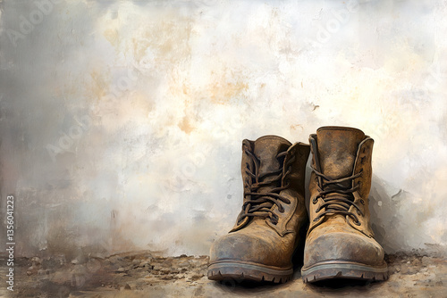 Weathered work boots against a textured wall suggesting labor, journey, and enduring strength, evoking a sense of experience and resilience.