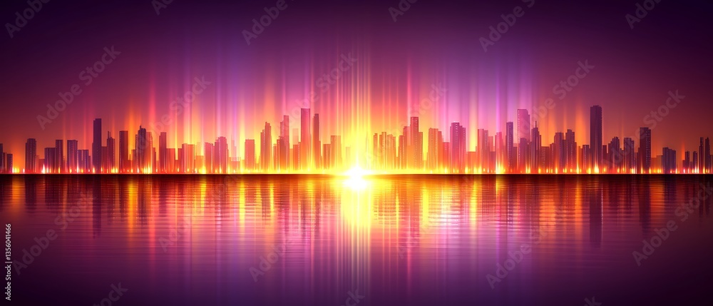 An illuminated cityscape reflects over a mirrored water surface An illuminated cityscape reflects over a mirrored water surface