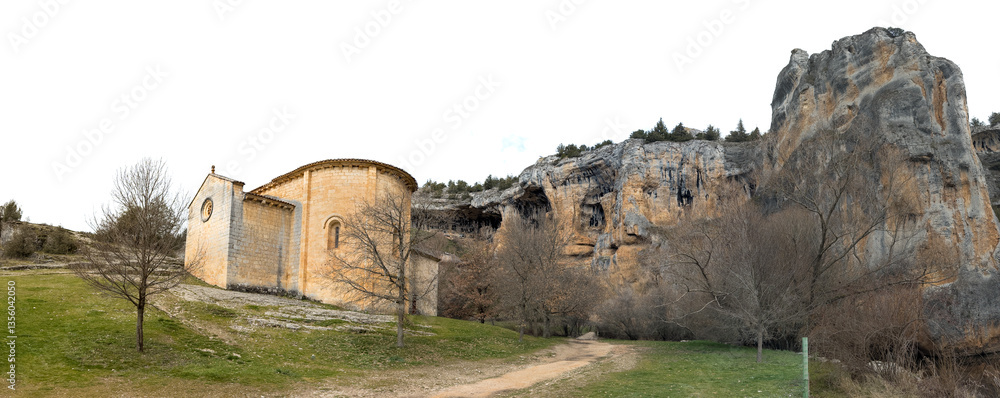 Ancient Church Landscape with Rocky Cliffs and Trees
