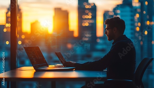 Man working laptop sunset city.