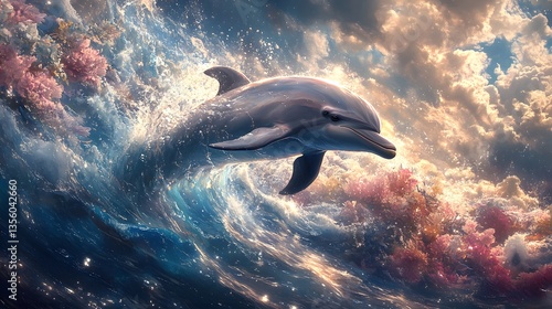 Mesmerizing Digital Art Showcasing a Dynamic Dolphin and Thriving Ecosystem Amidst Crystal Waters and Oceanic Splendor
