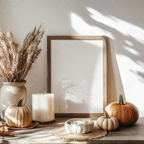 Fototapeta Naklejka Na Ścianę i Meble -  Empty picture frame with pumpkin. Generated AI