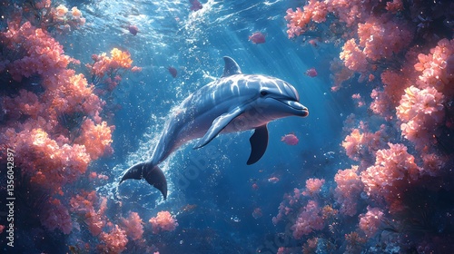 Mesmerizing Digital Art Showcasing a Dynamic Dolphin and Thriving Ecosystem Amidst Crystal Waters and Oceanic Splendor