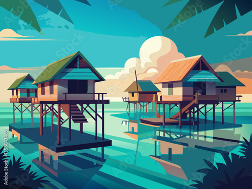 colorful illustration of a traditional bajau stilt house