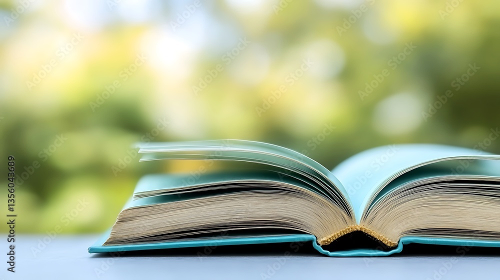 Open book on table, nature background. Open book on table, nature background.