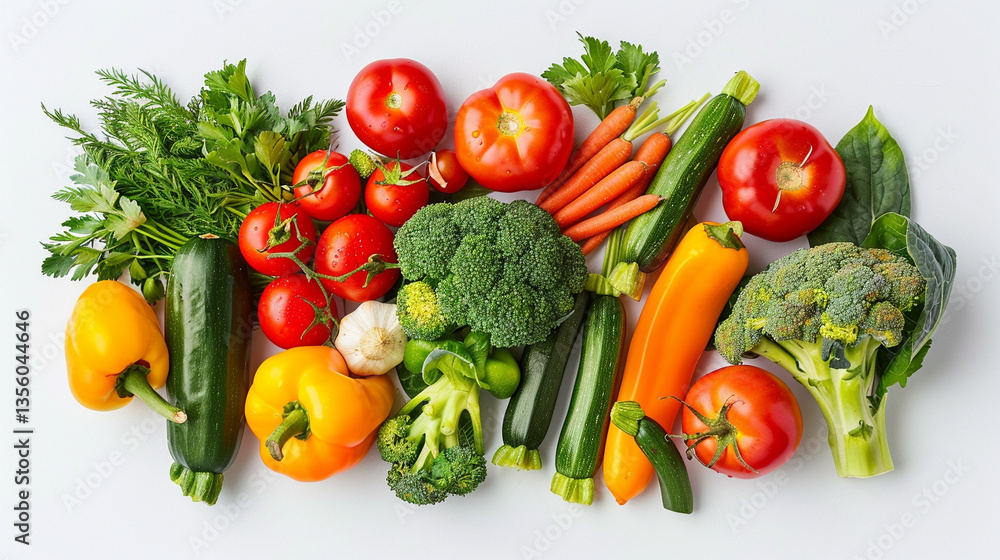 Assorted vegetables including tomatoes and broccoli, vibrant clean flat lay for healthy recipes Assorted vegetables including tomatoes and broccoli, vibrant clean flat lay for healthy recipes