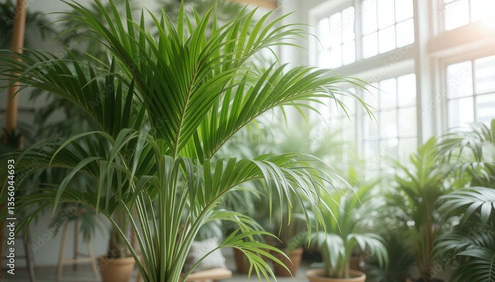 Fototapeta premium Lush indoor palm plants thriving in bright natural light 