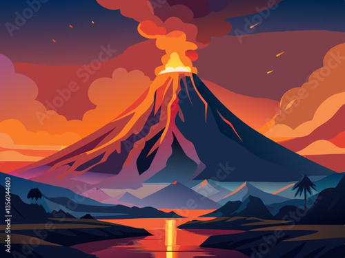 colorful illustration of a dramatic erupting volcano