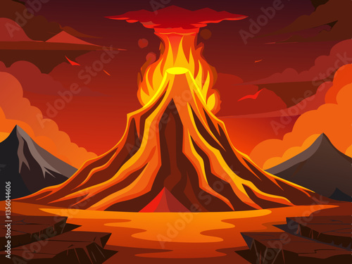 colorful illustration of a dramatic erupting volcano