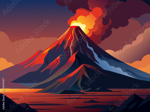 colorful illustration of a dramatic erupting volcano