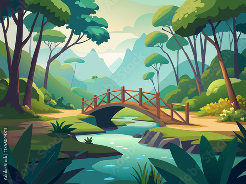 colorful illustration of a lust forest and bridge