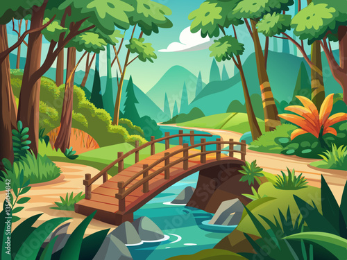 colorful illustration of a lust forest and bridge