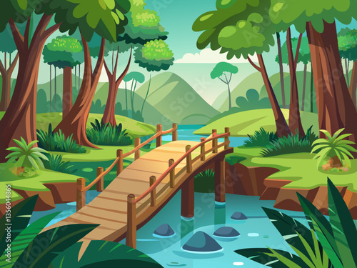 colorful illustration of a lust forest and bridge