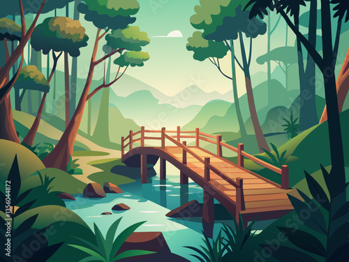 colorful illustration of a lust forest and bridge