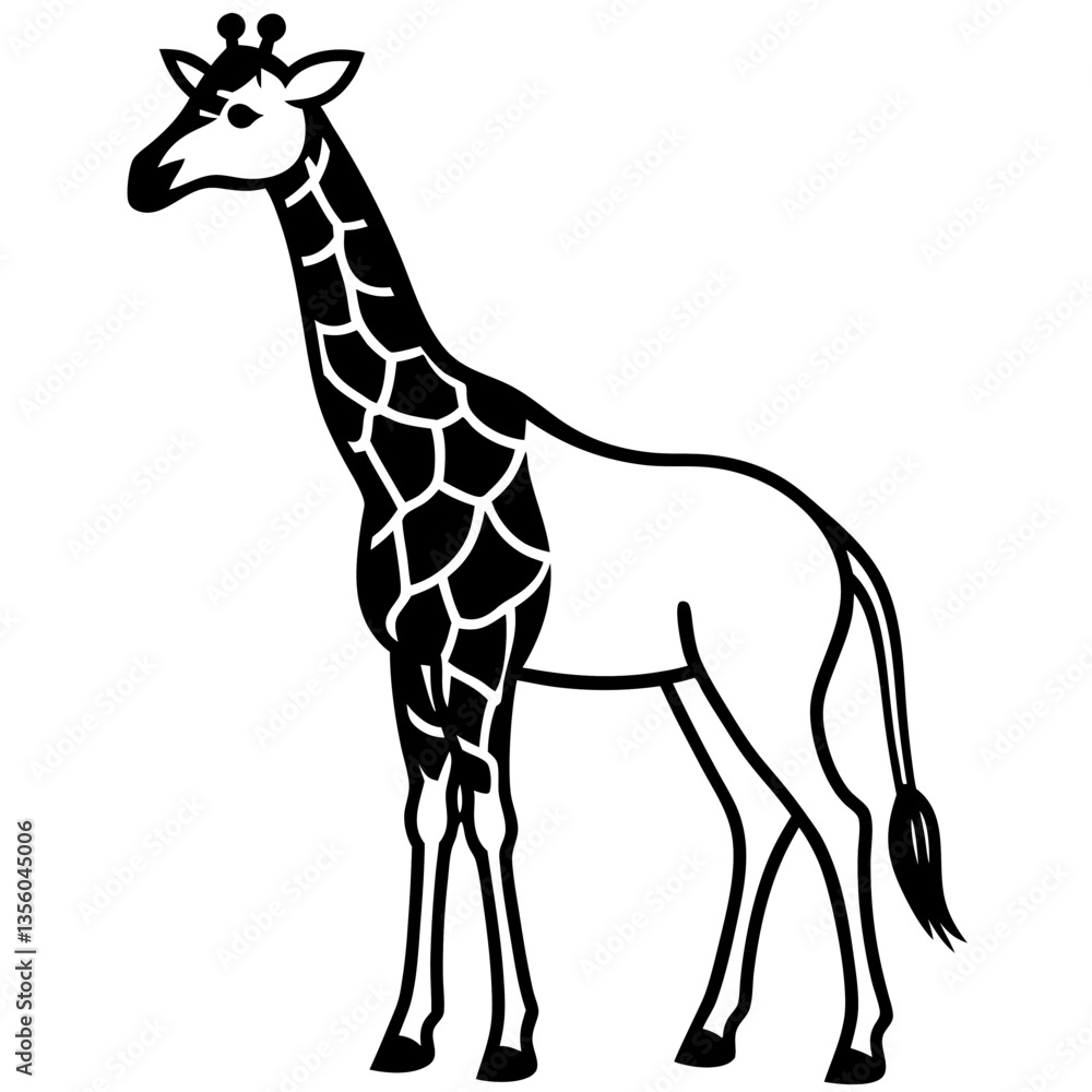 Obraz premium Giraffe silhouette vector black outline, white background