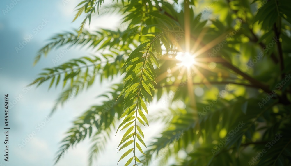 Sunlight Shining Through Lush Green Leaves Against Clear Sky Sunlight Shining Through Lush Green Leaves Against Clear Sky