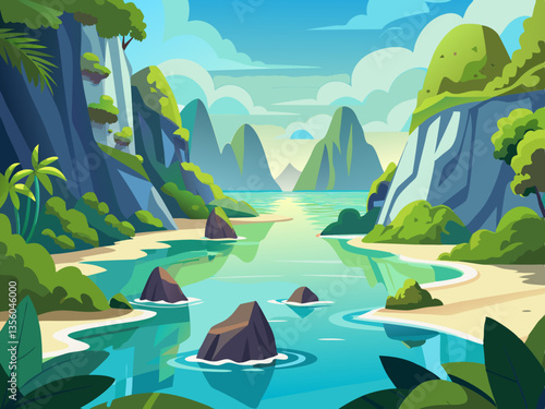 colorful illustration of peacefull lagoon surrounded by limestone cliff