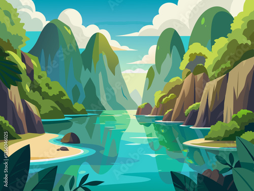 colorful illustration of peacefull lagoon surrounded by limestone cliff