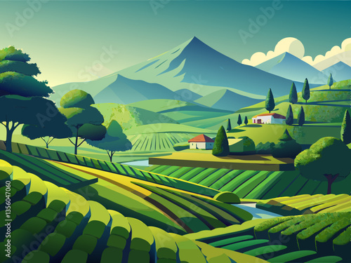 colorful illustration of scenic tea plantation