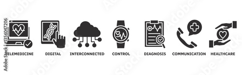 Digital health icon set illustration concept with icon of telemedicine, digital, interconnected, control, diagnosis, communication, healthcare 